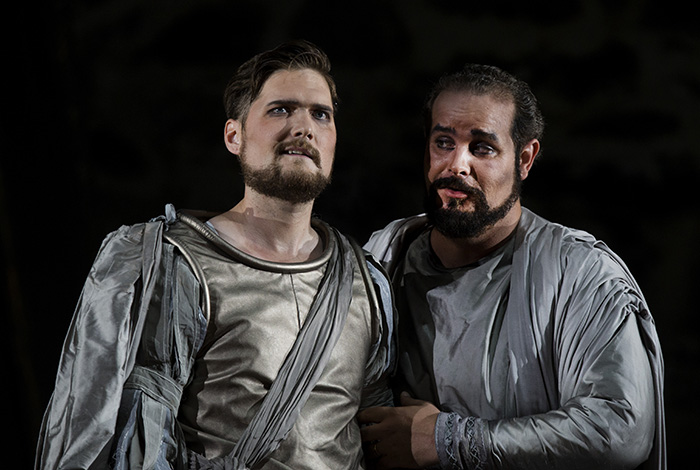 Joska Lehtinen as Cassio. <br/>Elia Fabbian as Jago. <br/>Photo: Soila Puurtinen/ Savonlinna Opera Festival.