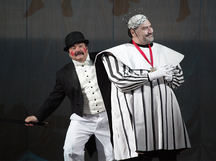 Truffaldino in The Love for Three Oranges. Vladimir Matorin as King of ClubsPhoto by Damir Yusupov.