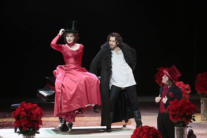 Ekaterina Morozova as Nastassya Filippovna. <br/> Pyotr Migunov as Rogozhin. <br/> Konstantin Shushakov as Lebedev. <br/> Photo by Damir Yusupov.