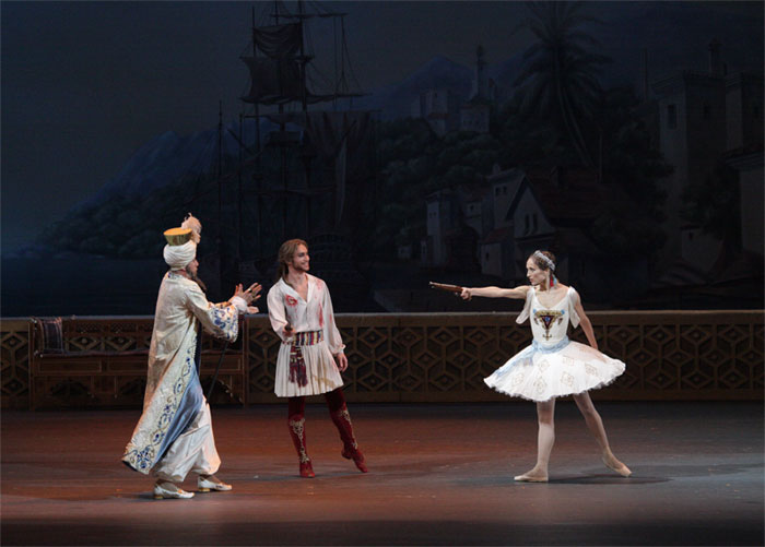 Alexei Loparevich as Seyd, the Pasha.<br/>Mikhail Lobukhin as Conrad.<br/>Ekaterina Shipulina as Medora.<br/>Photo by Damir Yusupov.