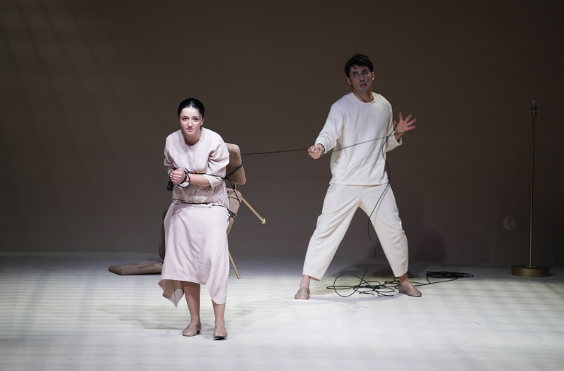 Tamara Kasumova as Leïla, Azamat Tsaliti as Zurga. <br>Photo by Pavel Rychkov.