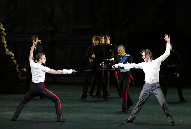 Vladislav Lantratov as Hamlet.<br/> Dmitry Dorokhov as Laertes.<br/> Photo by Damir Yusupov.