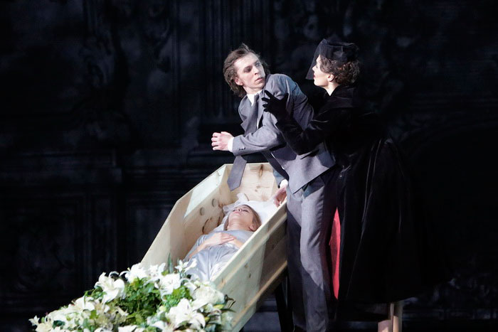 Anastasia Stashkevich as Ophelia.<br/>Denis Savin as Hamlet. Anna Balukova as Gertrude.<br/>Photo by Damir Yusupov.