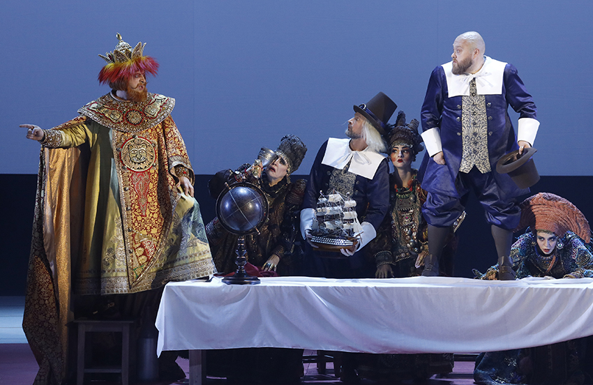 Denis Makarov as Tsar Saltan. Irina Dolzhenko as Old mother Babarikha. <br/>Nikolai Kazansky as Second sailor. Svetlana Lachina as The Cook. <br/>Maxim Paster as First sailor. Yulia Mazurova as The Weaver. <br/>Photo by Damir Yusupov.