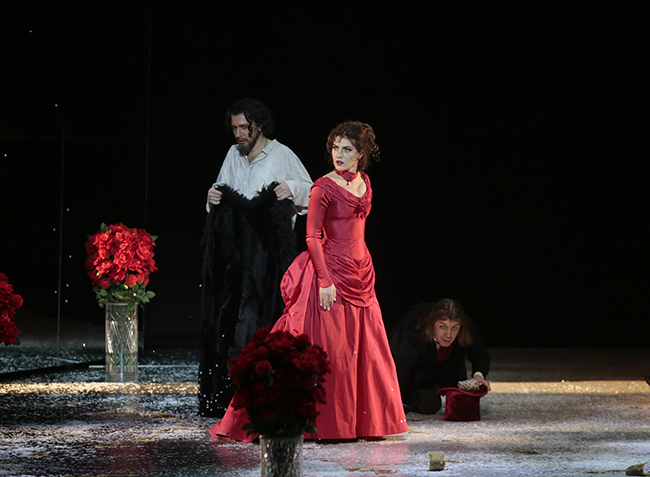 Pyotr Migunov as Rogozhin. <br/> Ekaterina Morozova as Nastassya Filippovna. <br/> Konstantin Shushakov as Lebedev. <br/> Photo by Damir Yusupov.