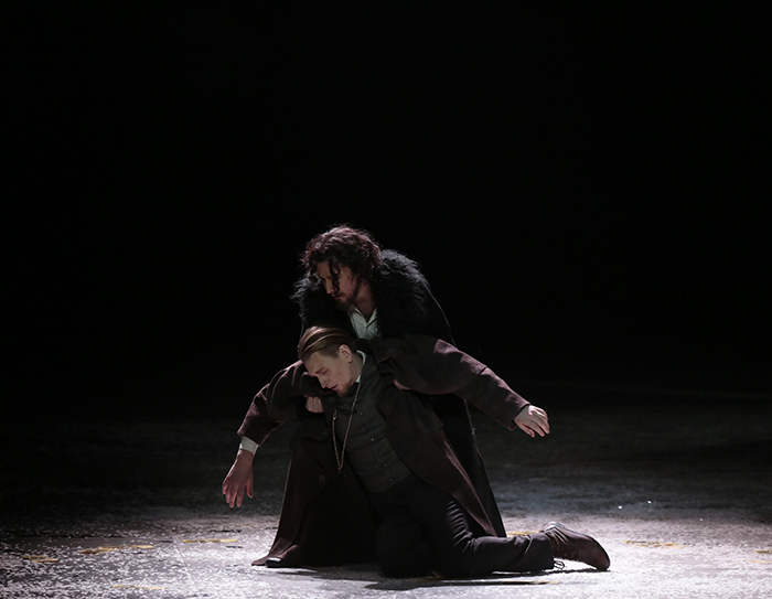 Bogdan Volkov as Prince Myshkin. <br/> Pyotr Migunov as Rogozhin. <br/> Photo by Damir Yusupov.