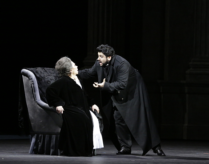 Larisa Diadkova as The Countess. <br/> Yusif Eyvazov as Herman. <br/> Photo by Damir Yusupov