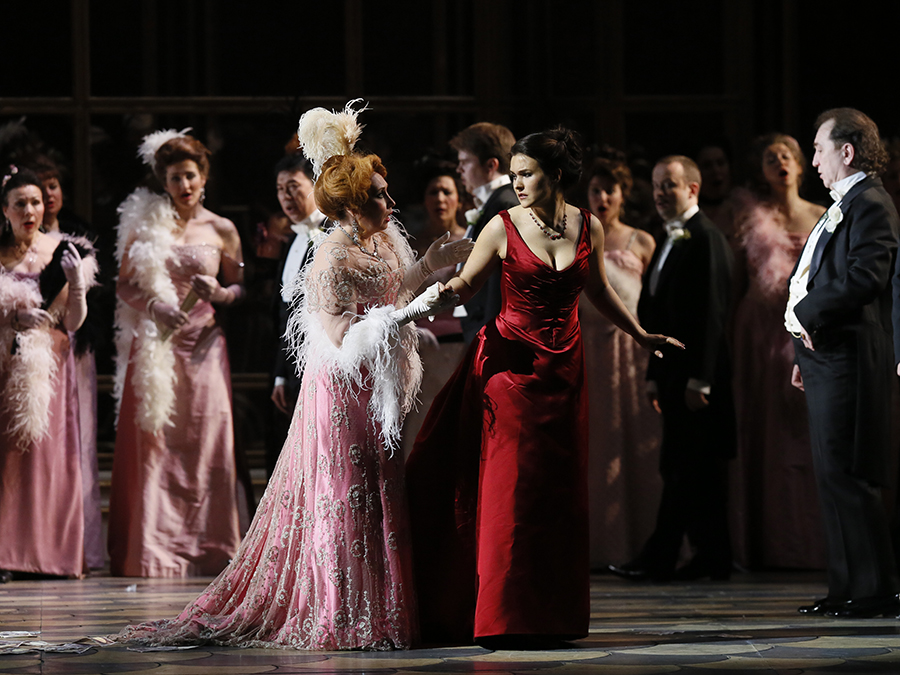 Irina Dolzhenko as Flora Bervoix.<br/> Olga Peretyatko as Violetta. <br/> Photo by Damir Yusupov.