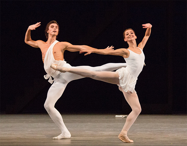 As Apollo in Apollon Musagète. Evgenia Obraztsova as Terpsichore.Photo by Mikhail Logvinov.