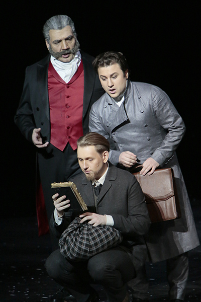 Valery Gilmanov as General Epanchin. <br/> Ivan Maximeyko as Ganya Ivolgin. <br/> Bogdan Volkov as Prince Myshkin. <br/> Photo by Damir Yusupov.