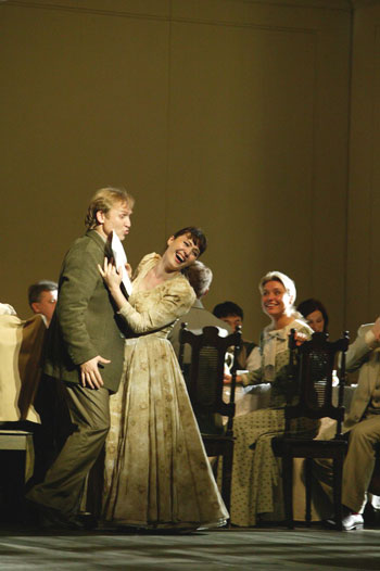 Scene I.<br />Margarita Mamsirova as Olga.<br />Andrei Dunaev as Lensky.<br />Photo by Damir Yusupov.