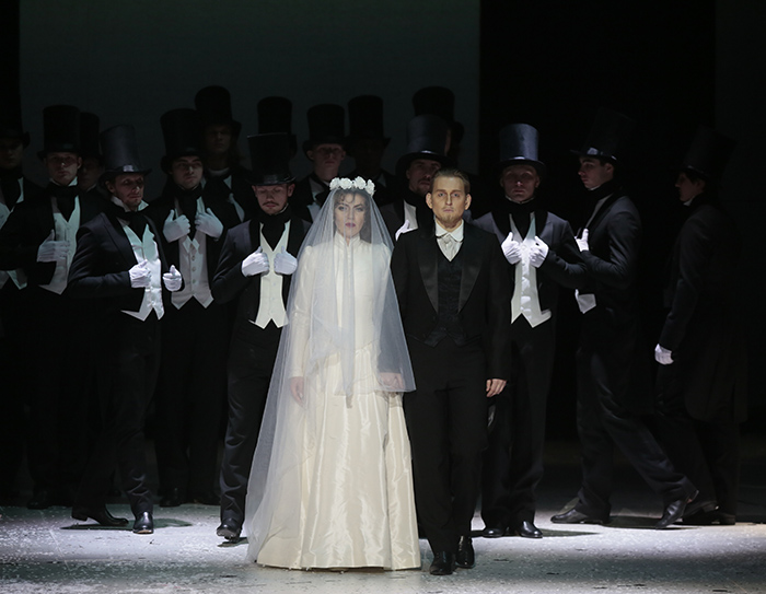 A scene from the performance. <br/> Photo by Damir Yusupov. <br/> Ekaterina Morozova as Nastassya Filippovna. <br/> Bogdan Volkov as Prince Myshkin. <br/> Photo by Damir Yusupov.