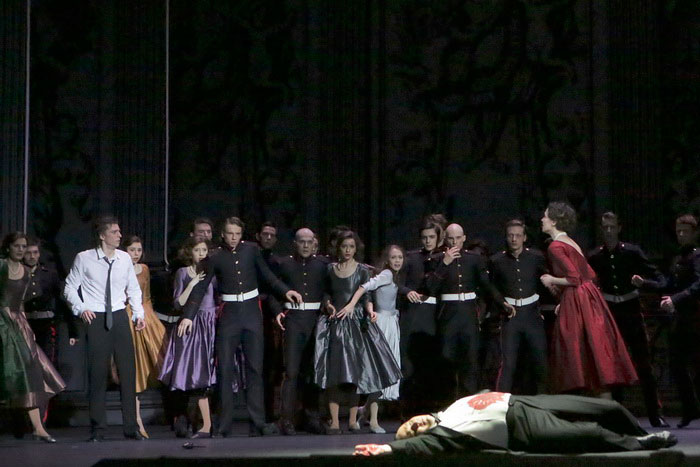 Polonius’ death. Alexander Petukhov as Polonius.<br/> Denis Savin as Hamlet. Anna Balukova as Gertrude.<br/> Photo by Damir Yusupov.