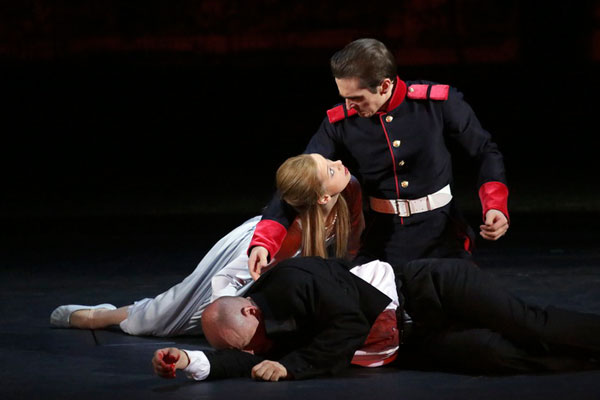 Andrei Melanyin as Polonius.<br/> Daria Khokhlova as Ophelia. Dmitry Dorokhov as Laertes.<br/> Photo by Damir Yusupov.