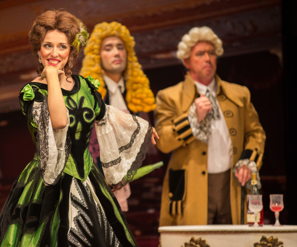 As Madame Herz in Der Schauspieldirektor (the Impresario).  Azamat Tsaliti as Buff, a buffo singer, Alexei Sulimov as An impresario.  Photo by Vladimir Mayorov.