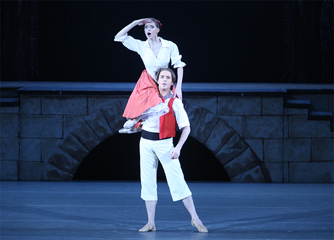 As Jeanne in The Flames of Paris. Andrei Merkuriev as Jerome. Photo by Elena Fetisova.