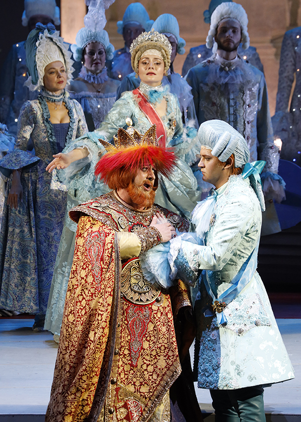 Maria Lobanova as Tsaritsa Militrisa.<br/> Denis Makarov as Tsar Saltan. <br/> Bekhzod Davronov as Tsarevich Guidon. <br/>  Photo by Damir Yusupov.  