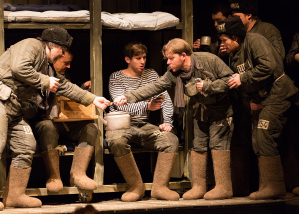 A scene from the performance. As KH-123 (Pyotr Mikhalych) (center) in One Day in the Life of Ivan Denisovich. Photo by Vladimir Mayorov.