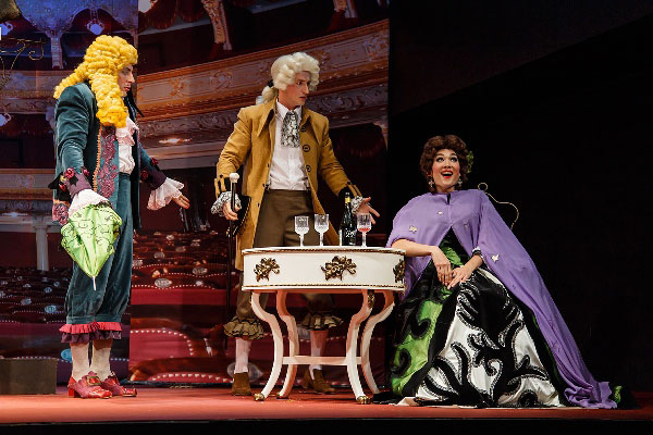 Roman Shevchuk as Buff, a buffo singer, Vasily Gafner as An impresario, <br>Ekaterina Ferzba as Madame Herz. <br> Photo: archive of the Boris Pokrovsky Musical Theatre. 