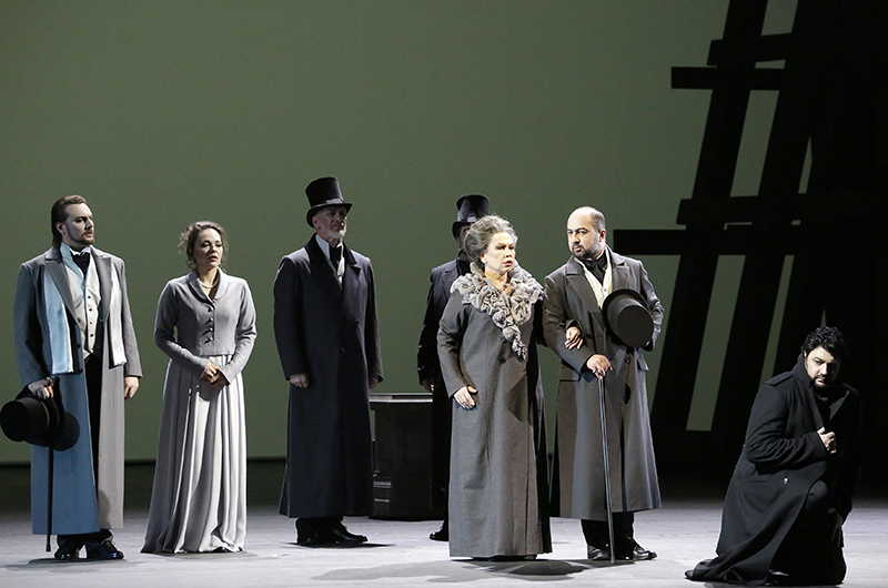 Igor Golovatenko as Prince Yeletsky. Anna Nechaeva as Liza. <br/>Vyacheslav Pochapsky as Surin. Roman Muravitsky as Chekalinsky. <br/>Larisa Diadkova as The Countess. Gevorg Hakobyan as Count Tomsky. <br/>Yusif Eyvazov as Herman. <br/>Photo by Damir Yusupov.