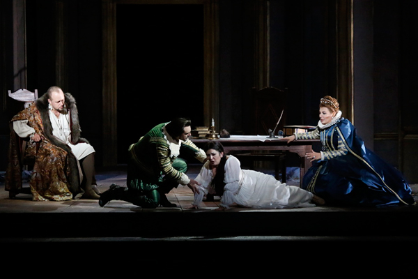 Dmitry Beloselsky as Philip II.<br/> Igor Golovatenko as Rodrigo.<br/> Veronika Dzhioeva as Elisabeth of Valois.<br/> Maria Guleghina as Princess Eboli.<br/> Photo by Damir Yusupov.