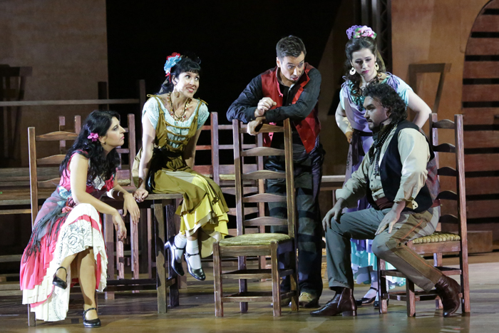 Varduhi Abrahamyan as Carmen.<br/> Oxana Gorchakovskaya as Mercedes.<br/> Alexander Miminoshvili as Dancairo.<br/> Ruslana Koval as Frasquita. Marat Gali as Remendado.<br/> Photo by Damir Yusupov.