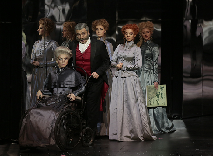 Evgenia Segenyuk as Epanchina. <br/> Valery Gilmanov as General Epanchin. <br/> Olga Seliverstova as Alexandra. Yulia Mazurova as Aglaya. <br/> Yulia Smirnova as Adelaida. <br/> Photo by Damir Yusupov.