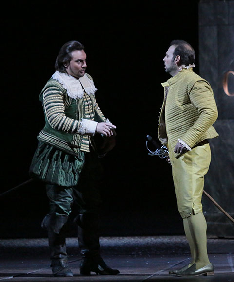 As Rodrigo in Don Carlo. Dimitri Pittas as Don Carlo. Photo by Damir Yusupov.