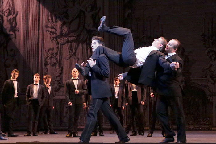 Igor Tsvirko as Laertes.<br/>Alexander Petukhov as Polonius. <br/>Denis Savin as Hamlet.<br/>Photo by Damir Yusupov.