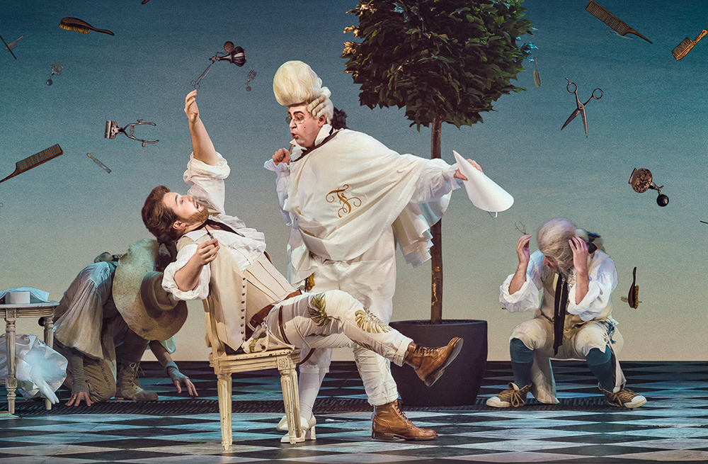 Andrzej Filończyk as Figaro.<br/> Giovanni Romeo as Bartolo. <br/> Andrei Andrianov as Ambrogio. <br/> Photo by Yuri Bogomaz.