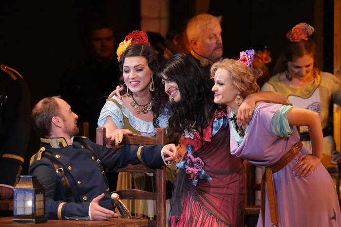 Nikolai Kazansky as Zuniga.<br/>Ekaterina Morozova as Mercedes.<br/>Varduhi Abrahamyan as Carmen.<br/>Darya Zykova as Frasquita.<br/>Photo by Damir Yusupov.