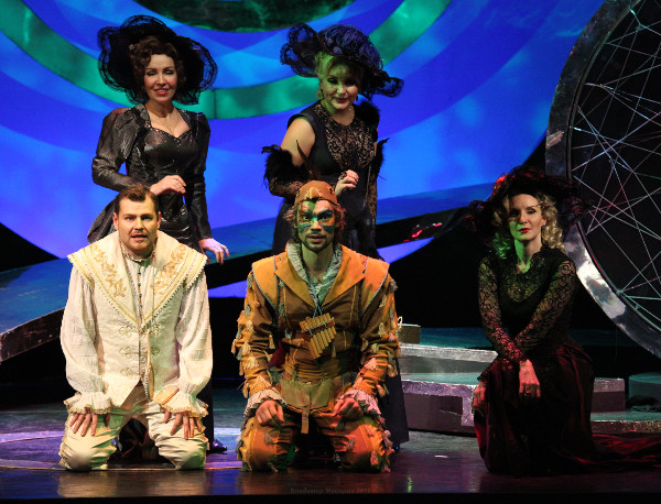 Zakhar Kovalyov as Tamino, Alexandr as Papageno, Maria Patrusheva as Third Lady. Tatiana Vetrova as Second Lady. Irina Alekseenko as First Lady. <br/> Photo by Vladimir Mayorov.