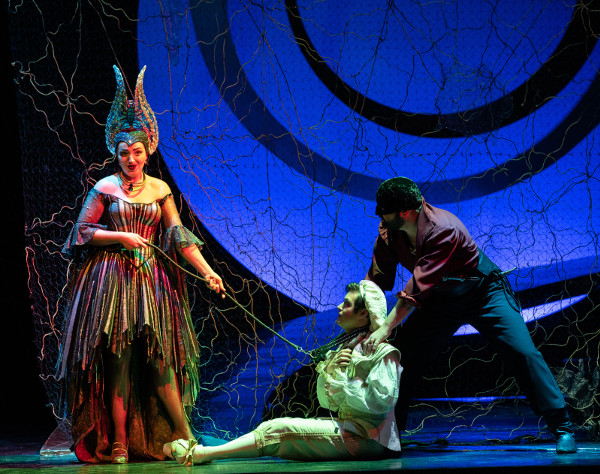 As Tamino in Die Zauberflöte. Tamara Kasumova as The Queen of the Night, Vitaly Rodin as Monostatos.Photo by Pavel Rychkov.