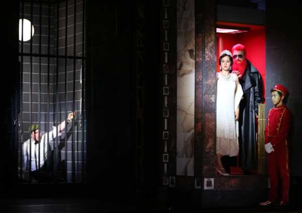 Pyotr Melentyev as Piquillo, Marianna Asvoynova as Périchole, <br>Alexei Morozov as Don Andrès de Ribeira, Viceroy of Peru.<br>Photo by Vladimir Mayorov.